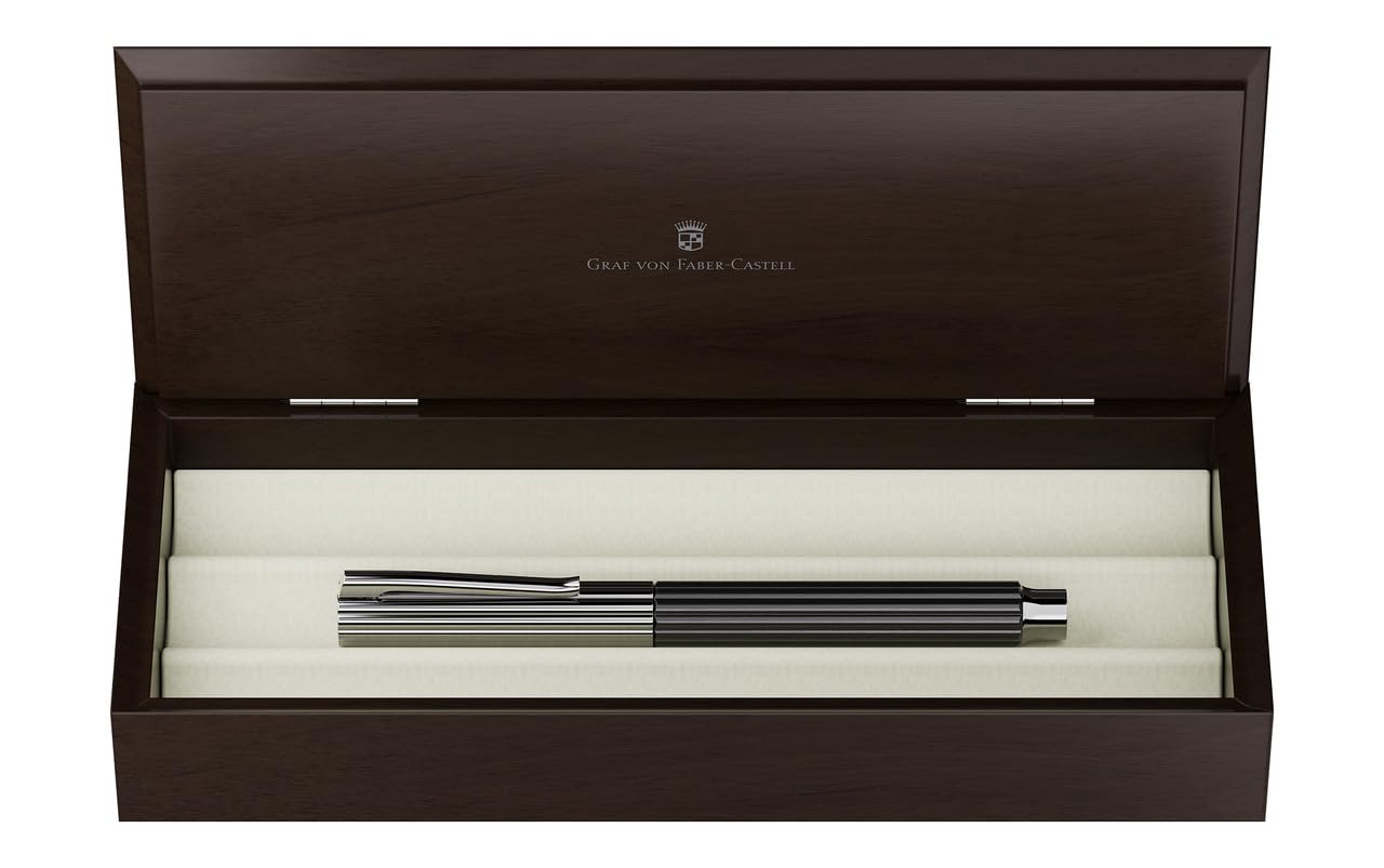 Graf von Faber-Castell Füllfederhalter Ebenholz, Schwarz Ruthenium, Feine Feder, Nachfüllbar, Geschenkset mit Tintenfass und Notizbuch (Breit)