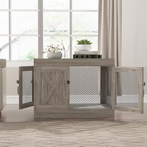 Wooden Dog Crate Furniture,36 Inch Dog Kennel Indoor with Double Doors, Medium Dog Cage with Cushion, Wood Pet House End Table Chew-Resistant for Medium/Small Dog, Grey Cover