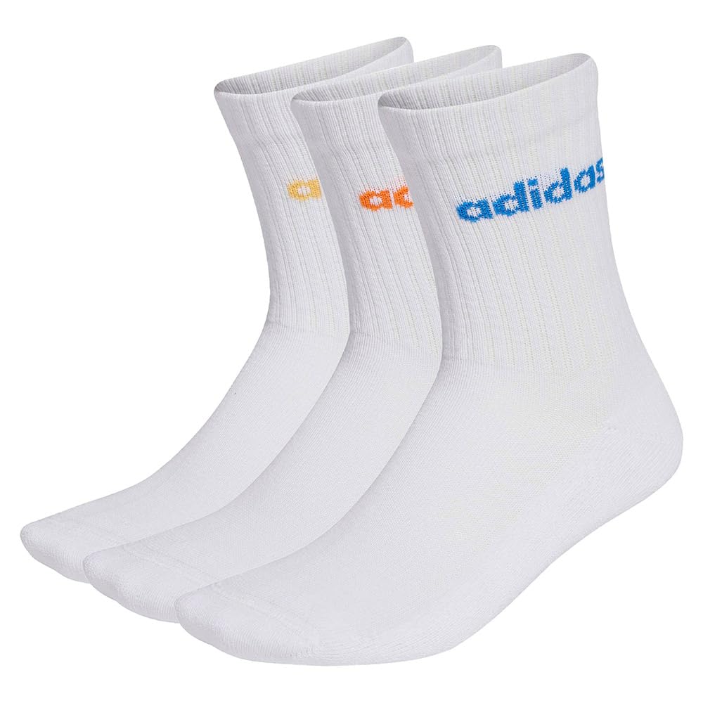 adidas Unisex - Adulto Linear Crew Cushioned Socks 3 Pairs, white/Pure Orange/Semi Ice Tangerine Mel./ray blue, 42-45