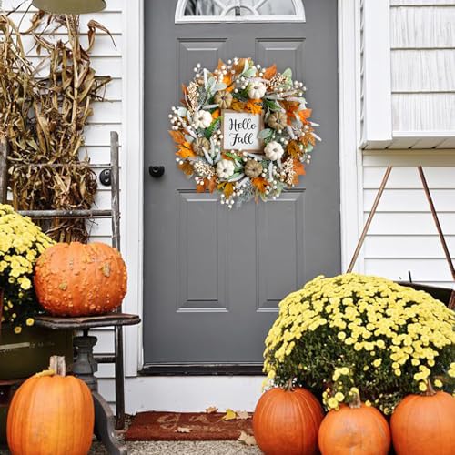 Image of 24inch Thanksgiving Fall Wreath, Eucalyptus Berries Pumpkins Lamb Ears Leaves Autumn Wreaths for Front Door, Fall Decor, Porch Wall, Home Outdoor Holiday Decorations Wreath for Autumn(24in)