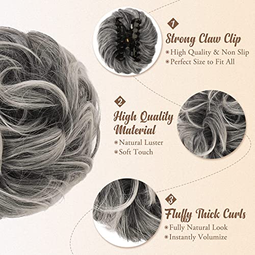 Barsdar Claw Clip Messy Bun Hairpieces, Wavy Curly Messy Hair Bun For Women Claw Clip On Chignon Synthetic Rose Bun Gray Hair Piece Hair Extensions For Women Girls(Dark Gray With White Tips) #TOP2