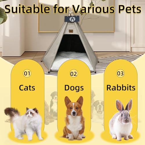 Vinnypet Tipi Zelt fur Katzen und Hunde Haustierzelte Häuser mit Plüschkissen Luxery Hundezelt Katzenzelt Abnehmbar und Waschbar Katzenhaus Haustierhäuser 60x60x70cm