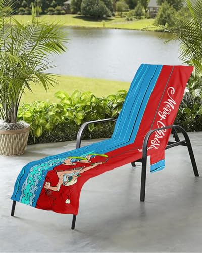 Surf Santa Beach Chair Towel Covers for Chaise Lounge with Side Pocket, Soft Plush Pool Towels Cover for Patio Sunbathing Outdoor 29''x85'' Summer Beach Christmas Nautical Red