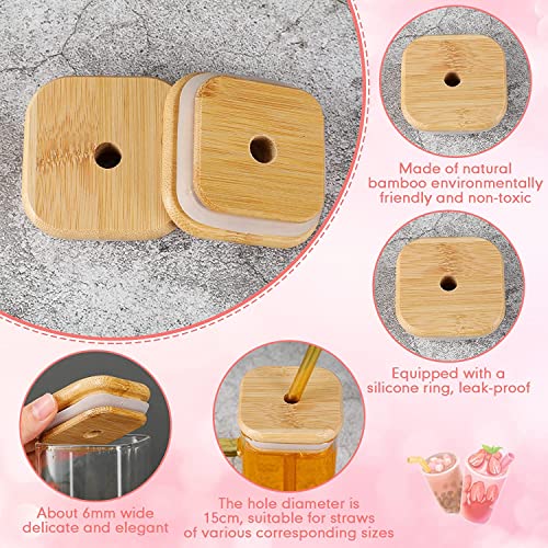 Image of Kamvy Square Glass Sipper Mug Fruit Juice with Airtight Wooden Lid and Straw 400ml - Iced Tea Coffee Tumbler Hot Cold Drink Cup Set of 1 for Adults (Square)