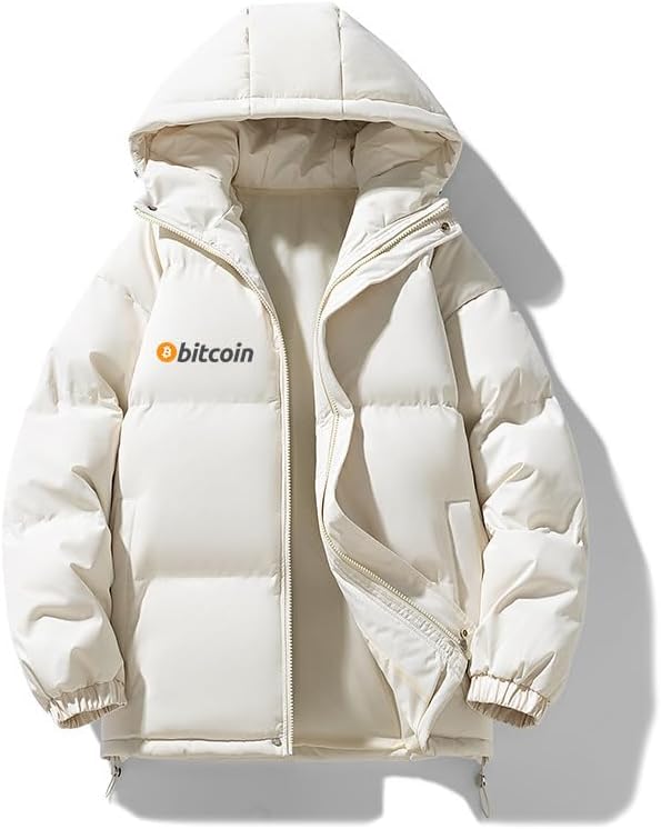 [Leeone] メンズコットン衣料 Bit.c_oinプリント冬用ジャケット 防風保温 フード付き ショート丈 厚手ダウンコート