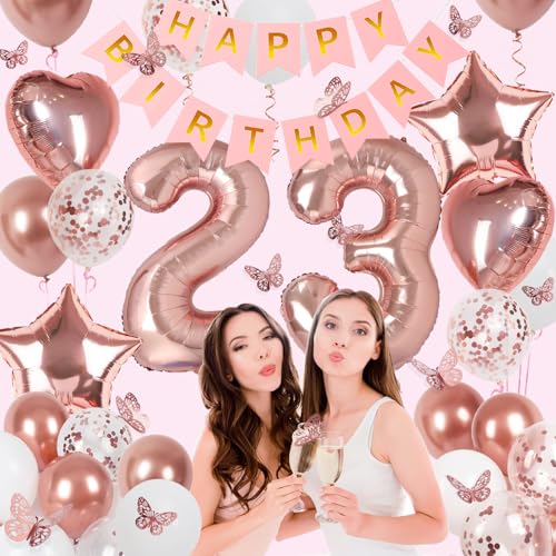 Image of Rose Gold 23th Birthday Decorations for Women, 23 Year Old Sign with Happy Birthday Banner, 40In Number 23 Foil Birthday Balloons, Butterfly Decorations, Heart and Star Balloons