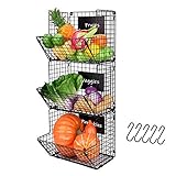 X-cosrack Metal Wire Basket Wall Mount, 3 Tier Wall Storage Basket Organizer with Hanging Hooks Chalkboards, Rustic Kitchen Fruit Produce Bin Rack Bathroom Tower Baskets (Black)
