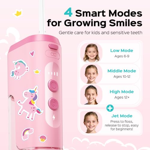 Image of COSLUS T40 Portable Water Flosser for Kids, Compact Mini Design for Ages 6+ | 4 Gentle Modes for Braces & Sensitive Teeth, Fun DIY Stickers, 4 Storable Nozzles, Home School & Travel, IPX7, BPA-Free, Pink