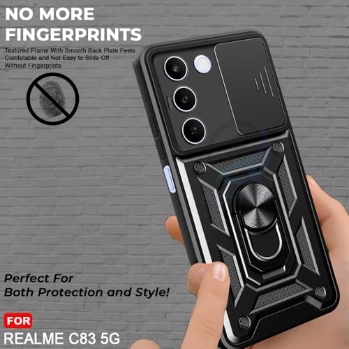 Image of AESTMO Tough Armor Realme C83 5G / Realme P4 Lite 5G Bumper Back Case Cover | Ring Holder & Sliding Camera Shield Cover | 360 Degree Protection Back Case Cover (Black)