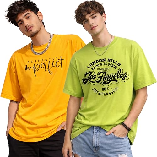 Image of London Hills Printed Cotton Blend Half Sleeve Oversized Men Round Neck Tshirts | T Shirt for Man | Tshirt | Shirts Men | Tshirt for Man | T-Shirt | Pack of 2