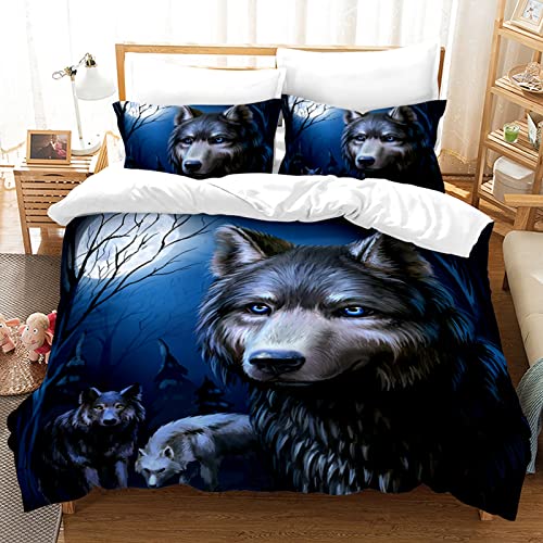 Hoimlm Wolf Duvet Cover King Microfiber Bedding Set, 3D Print Wolf Duvet Quilt Cover&Pillowcase With Zipper Closure