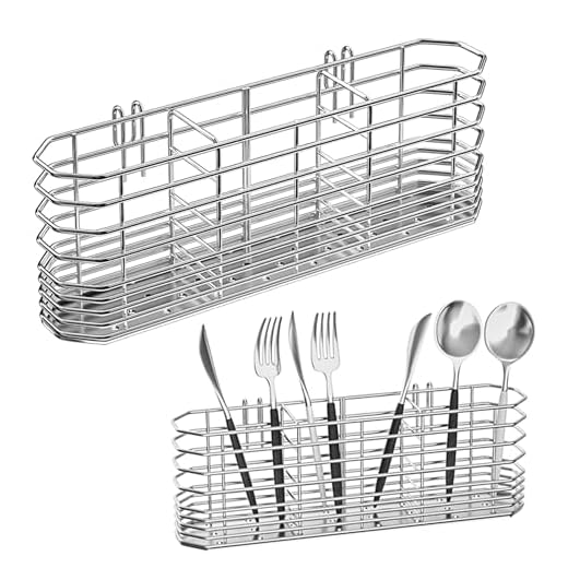 NiuYichee 304 Stainless Steel Utensil Holder, Dish Drying Rack, kitchen Utensil Organizer, Knife and Fork Drainage Rack, Kitchen Drainage Basket Accessories, With Hooks, Rust Proof, Color-Silver