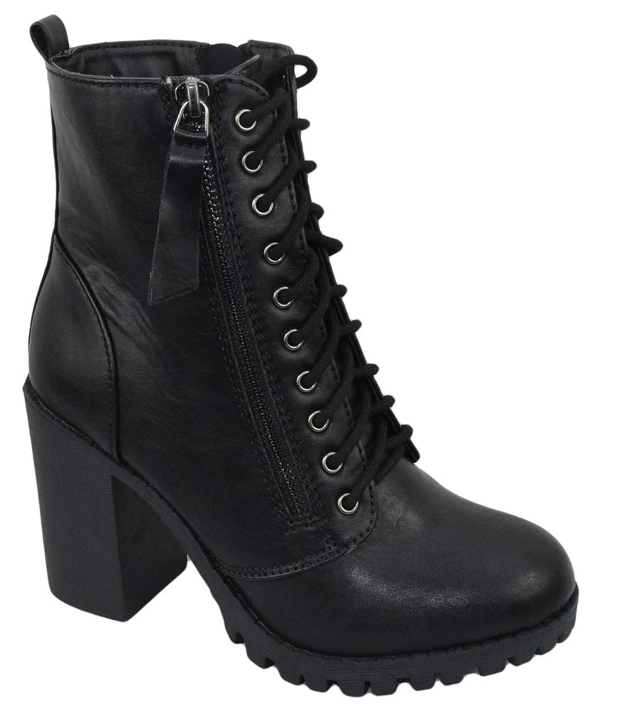 Soda Women Chunky High Heel Combat Army Military Riding Ankle Boots Lace Up Booties Malia-S Black 7.5