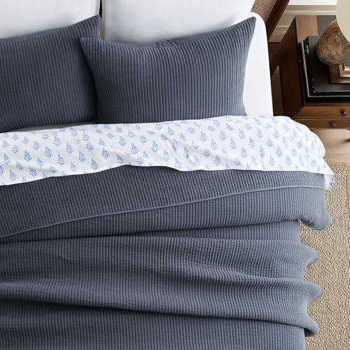 Image of EVERGRACEHOME Cotton Coverlet Set Full Queen Size 3 Pieces, Lightweight Soft Ribbed Matelasse Bedspread Quilt Set, Cozy Oversized Quilted Bedding Set with 2 Pillow Shams for All Seasons, Midnight Blue