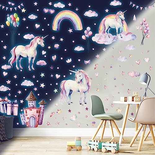 Licorne Etoiles Phosphorescentes Plafond Licorne Château Etoiles Fluorescente Lumineuse Arc en Ciel Autocollants Stickers Muraux Décoration pour Bébé...