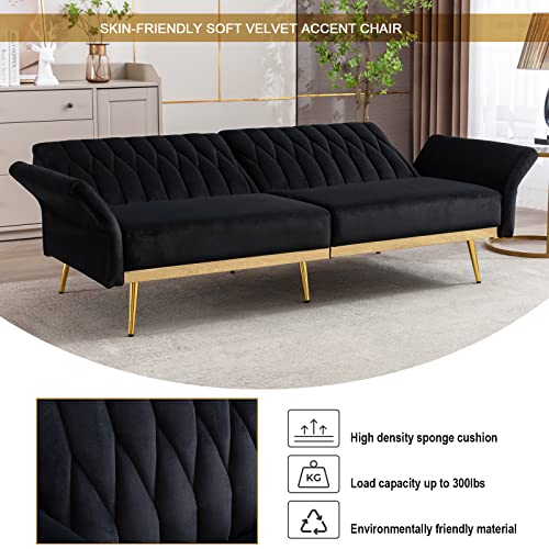 Ttgieet Velvet Convertible Futon Sofa Bed With Golden Metal Legs, 70" Tufted Loveseat Couch Sleeper Futon Sofa With Adjustable Armrests For Home Living Room Bedroom (Black) #TOP5