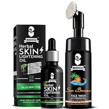 MUUCHSTAC Skin Lightening Combo - Herbal Skin Lightening Oil and Sea Breeze Foam Face Wash with Brush