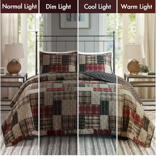 Image of Madison Park Queen Quilt Set Patchwork Farmhouse, Diamond Quilting Reversible Coverlet Set for Queen Size Bed, Plush Cotton Filled Quilt Set Queen Size, Shams Full /Queen Red /Black 3 Piece