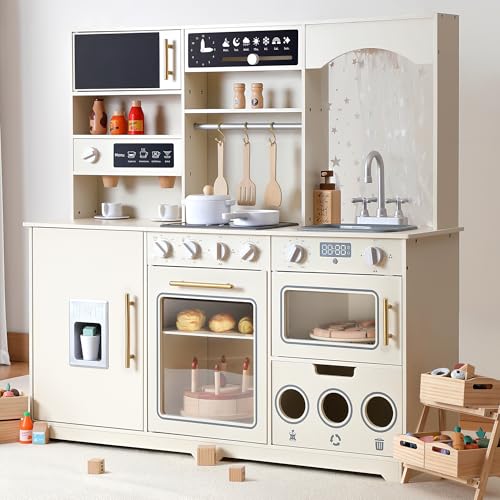besrey Play Kitchen for Kids, Wooden Kids Play Kitchen Playset with Real Lights & Sounds, Toddler...
