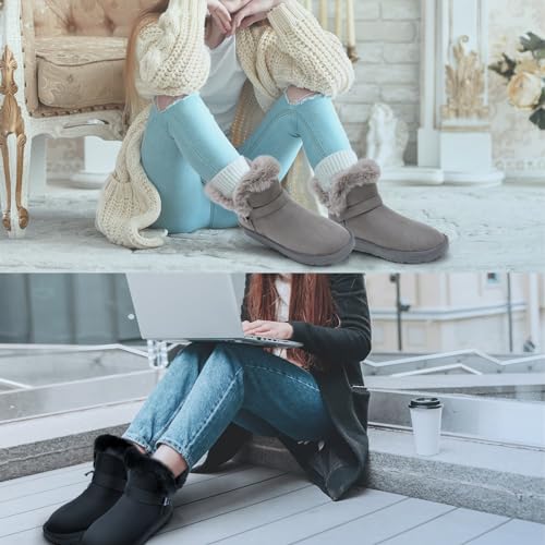 Women's Slip On Winter Boots - Warm Fur Lined Ankle Booties - Comfortable Short Fuzzy Boots Black Grey2