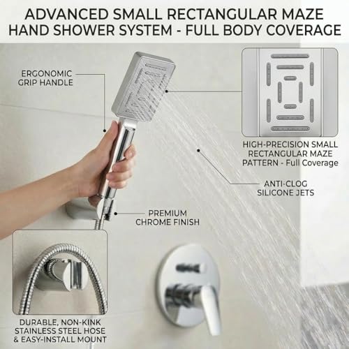 Image of Marcoware ABS Maze Rectangular Design Bathroom Hand Shower set with 1.5 Meter Ultra Flexible Hose & Wall Mount Hook, Chrome, Polished Finish