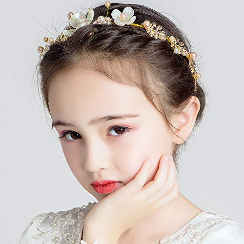 Prdgirl Kids Wedding Hair Accessories, Floral Princess Headpiece Pearls Tiara First Communion Hair Band For Girls And Women Sweet Cute Bridal Wedding Headband For Flower Girls And Bridesmaid Gold #TOP3