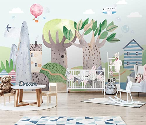 Fondo de pantalla de mundo de cuento de hadas de acuarela nórdico minimalista moderno personalizado para fondo de habitación de niños Papel de pared mural 150 cm (L) × 105 cm (H)