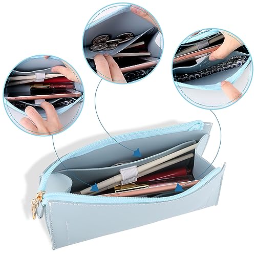 Image of iSuperb Leather Pencil Pouch PU Pencil Case with Zipper Pen Bag Make Up Cosmetic Pouch for Office Travel (Blue)