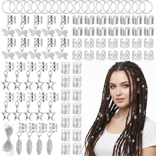 Silver Hair Cuffs Charms Rings for Braids Silver Hair Jewelry Accessories Adjustable Loc Jewelry Dreadlocks Braid Clips Decorations for Black Women Men Festival Pirate Decorations