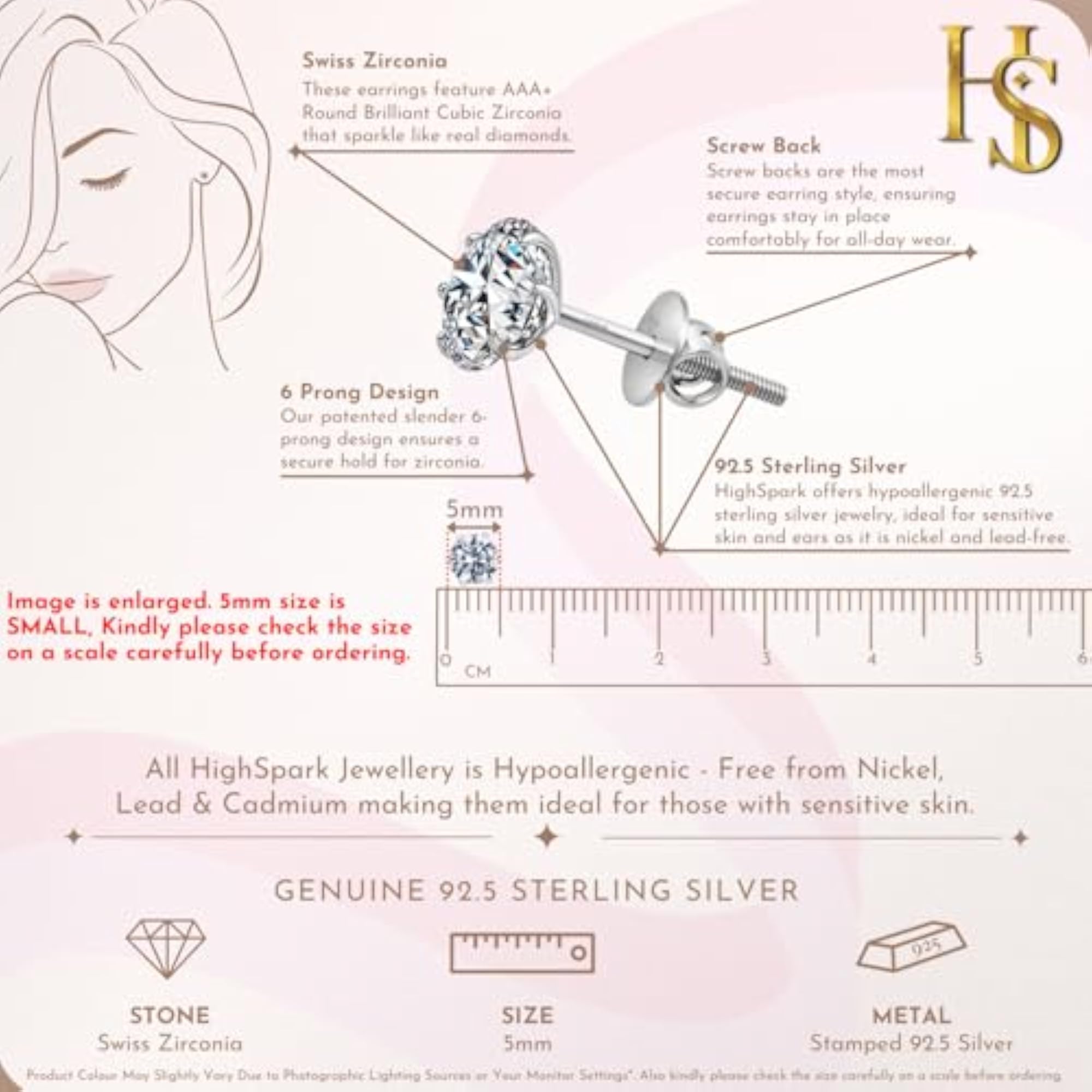 Women's 925 Sterling Silver Solitaire Screwback Stud Earrings with Zirconia