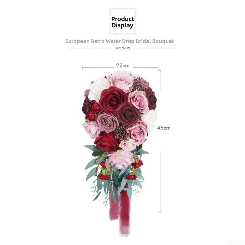 Bouquet da sposa in seta, 50 cm, realizzato a mano, colore: rosso