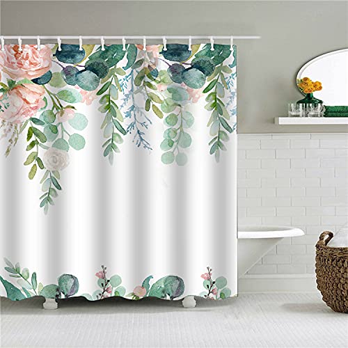 Mahome Blooming Floral Shower Curtain With 12 Hooks Pink Flowers Green Leaves Shower Curtain Set For Bathroom, Watercolor Boho Bath Curtain Set, Waterproof Fabric Shower Curtain #TOP1