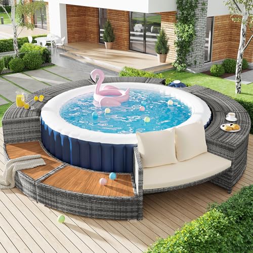 DRIXNO Spa-Pool, Gartenmöbel-Set, Poolumrandung, PE-graues Rattan und Akazienholz, mit Stauraum, Lounge-Set, für Whirlpool und Pool, mit verstellbaren Füßen, inklusive Kissen
