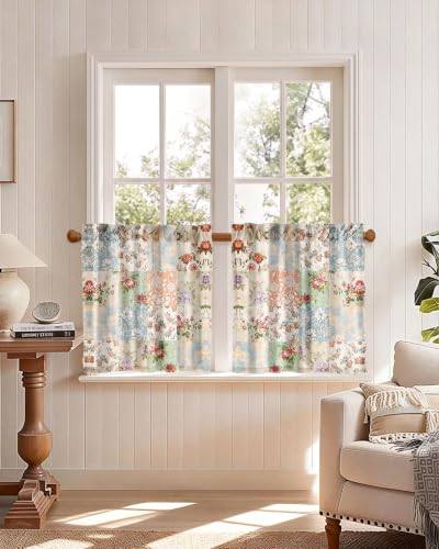 Image of Miss Adola Boho Kitchen Curtains - 24 Inch Length Linen Blend Vintage Floral Cafe Curtains Country Tier Curtain Short Drapes Rod Pocket for Bathroom Living Room Windows Light Filtering, 2 Panels