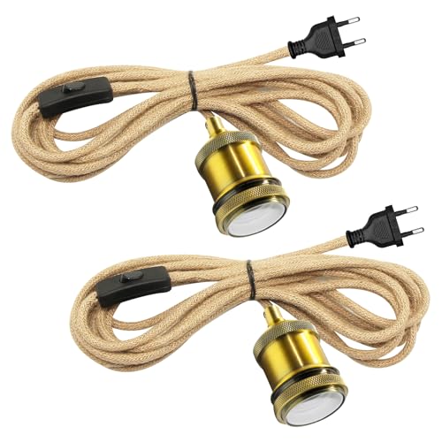 2PCS Lustre Corde de Chanvre avec Prise, Douille E27 avec 500CM Câble, Lampe Suspendue avec Prise et Interrupteur, Suspension Luminaire Corde Chanvre pour...