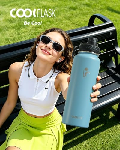 Image of Coolflask 40 oz Water Bottle Insulated with Straw & 3 Leakproof Lids