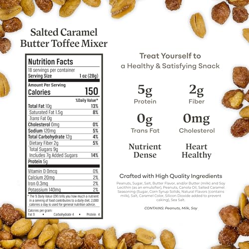 Image of Belmont Peanuts Gourmet Salted Caramel Butter Toffee Mixer with Sea Salt and Butter Toffee Flavored Virginia Peanuts, 18 oz (1 Pack) - Simple Ingredients, No Preservatives, Hand Seasoned Snack