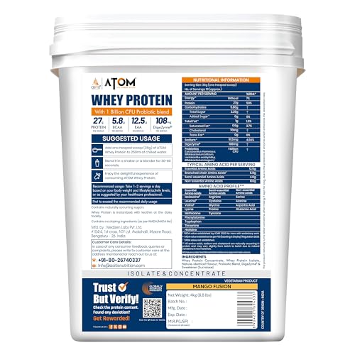 Image of Asitis Nutrition Atom Whey Protein 4Kilogram | 27G Protein | Isolate & Concentrate | Mango Fusion | Usa Labdoor Certified | With Digestive Enzymes For Better Absorption, 111 Servings