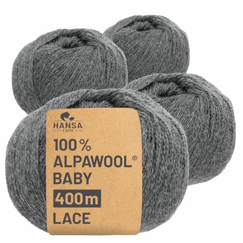 HANSA-FARM | 100% Baby Alpakawolle in 50+ Farben (kratzfrei) - 200g Set (4 x 50g) - weiche Alpaka Wolle zum Stricken & Häkeln in 6 Garnstärken by Hansa-Farm - Dunkelgrau (Grau)