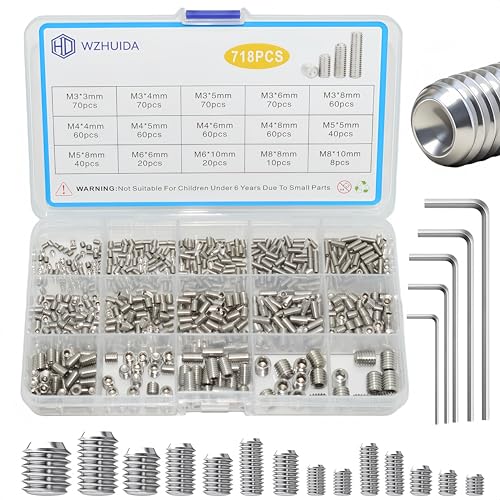 WZHUIDA 718 Stück Madenschrauben Sortiment Set M3 M4 M5 M6 M8 Edelstahl Sechskantkopf Schrauben mit Schraubenschlüssel für Türklinke Wasserhahn