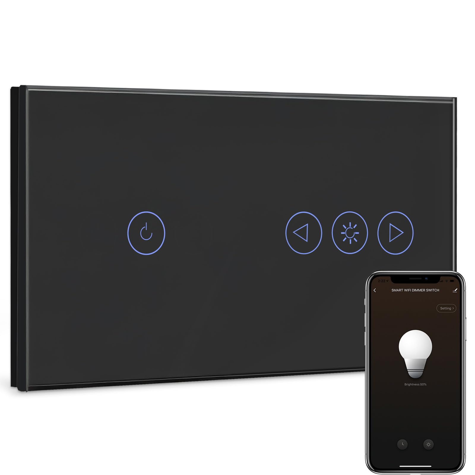 BSEED Interruttore WIFI Tattile e Interruttore Dimmer WIFI Alexa 1 Gang 1 Via, Interruttore Smart Compatibile con Google Home, Interruttore a Parete Nero(Richiesto la Linea Neutra)