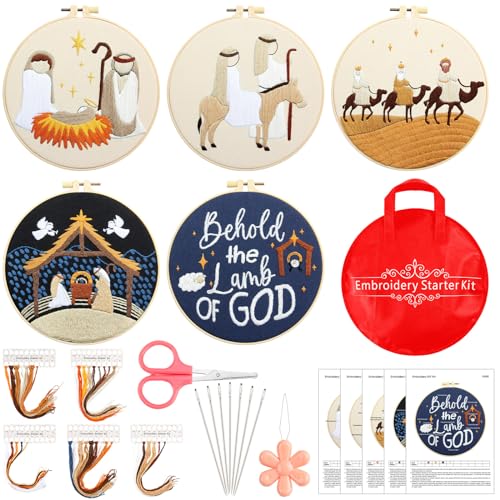 Tigeen 5 Sets Christian Nativity Scene Embroidery Kits for Starter Beginners Adult Christmas Cross Stitch Ornament Kit with Instruction Embroidery Hoop Needle Colored Thread Needle Threader