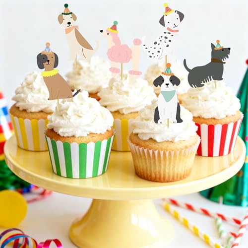 Gkhlg 36 Stück Hund Cupcake Toppers Muffin Deko Farbenfrohe Hund Geburtstag Tortendeko für Kinder Märchen Party Hundegeburtstag Babyparty Taufkuchen Zuhause