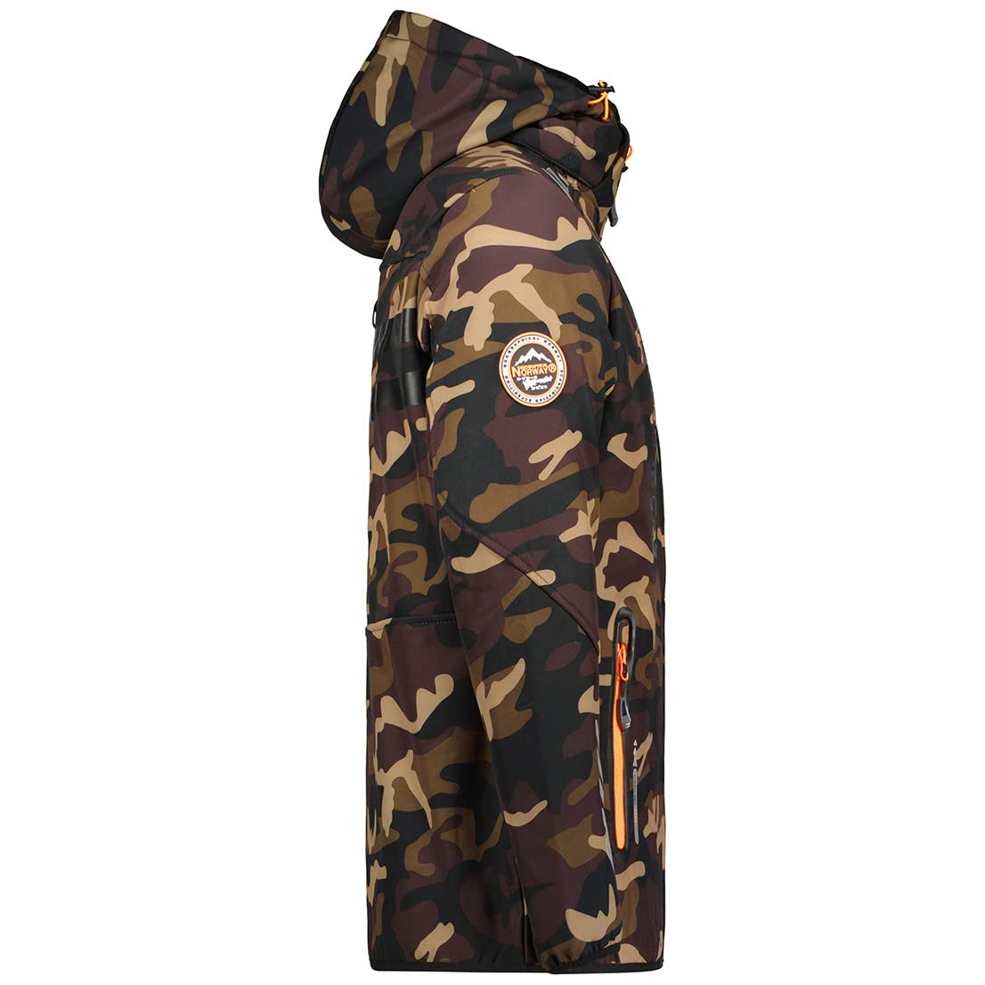 Geographical Norway ROYAUTE MEN - Giacca Softshell Impermeabile Uomo - Giubbotto Cappuccio Traspirante All'aperto - Giacca Invernale Antivento - Ideale Attività All'aperto (CAMO Kaki / Orange, M)