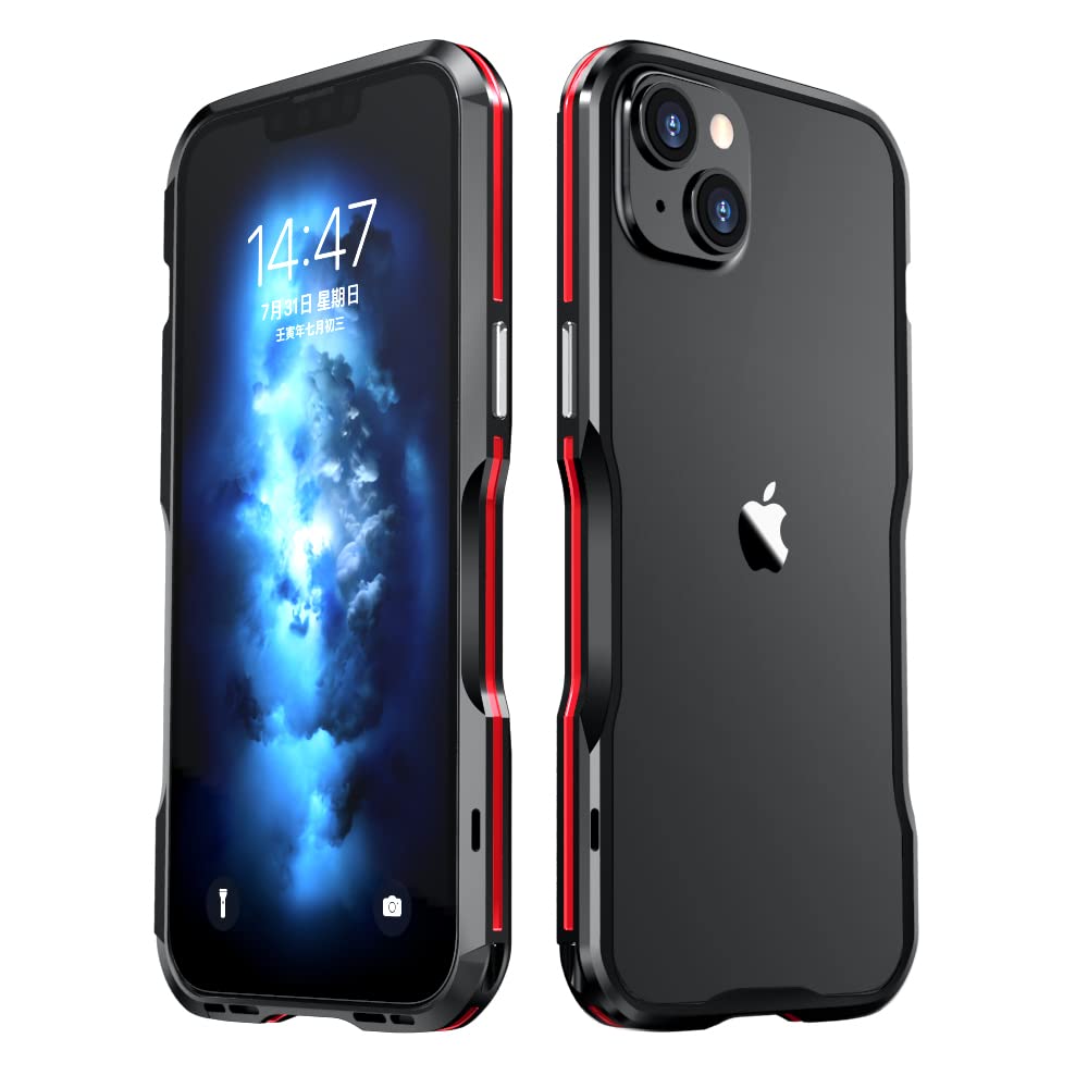 HENGHUI Bumper Case Compatible with iPhone 14 Aluminum Bumpers Metal Frame Bumper Cover Shock Absorbent Slim Cool Design (Black+Red)