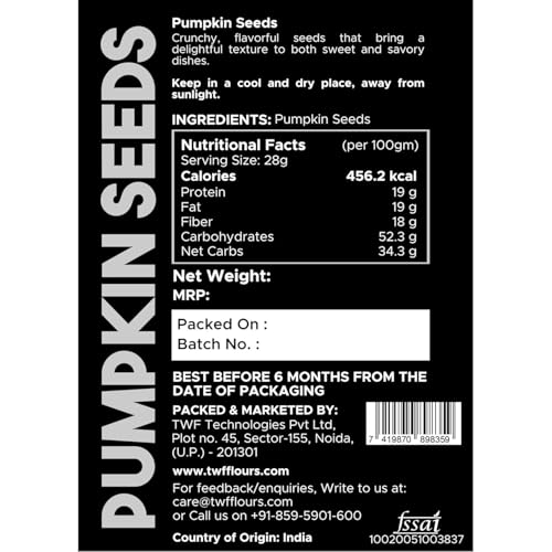 Image of TWF Virgin Pumpkin Seeds | 500g | AAA Grade Seeds for Eating | High Protein, Fibre & Magnesium | Raw | Unroasted | Unsalted | Highest Natural Potency | Resealable Pack | Healthy Diet Snacks