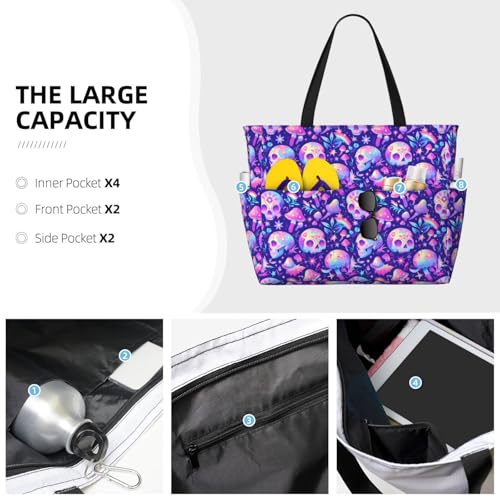 Large Beach Bags Water-resistant Sandproof - colorful mushroom Skull rainbow Cute Beach Tote Bags for Women with Zipper3