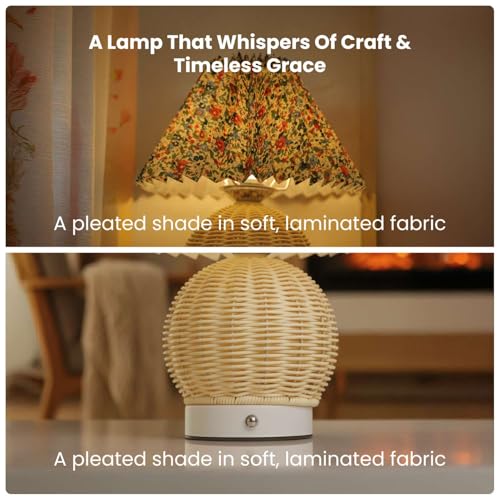 Image of Aesthetic Table Lamp with Detachable Lampshade | Decorative Pleated Fabric and Cane Bamboo Finish Lamp for Bedroom Decor | Home Decoration Items for Living Room | Gifts for Woman (Charm)