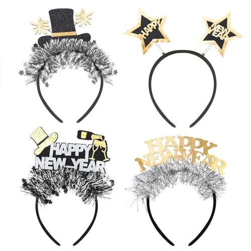 HOWAF 4 Cerchietti Capodanno 2026 Cerchietto per Capelli Happy New Year Fascia per Capelli Buon Anno Accessori Foto Booth per Decorazioni Capodanno 2026 Gadget, C