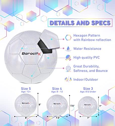 Barocity Soccer Ball - Premium Boys And Girls Official Match Ball With Cool Reflective Rainbow Hex Pattern, For Indoor And Outdoor - Iridescent White Size 4 #TOP1